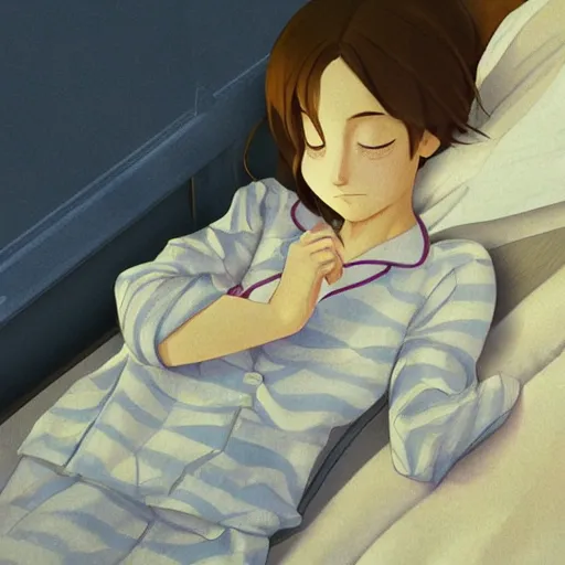 Image similar to little girl in pajama sleeping. digital artwork by makoto shinkai, inspired by pixar movies and balthus, highly detailed, realistic