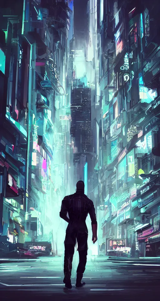 Image similar to concept art portrait of male cyberpunk walking through futuristic town