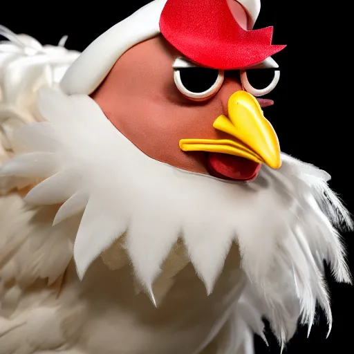 Image similar to a chicken dressed up as colonel sanders as a chicken dressed in the colonel sanders uniform as a chicken, realistic, hyperrealistic, ultra realistic, real, real world, highly detailed, very detailed, extremely detailed, intricate details, 8 k resolution, hd quality