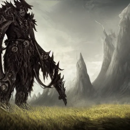 Prompt: a highly detailed portrait of a epic massive fantasy giant elden god standing ominously in a field concept art