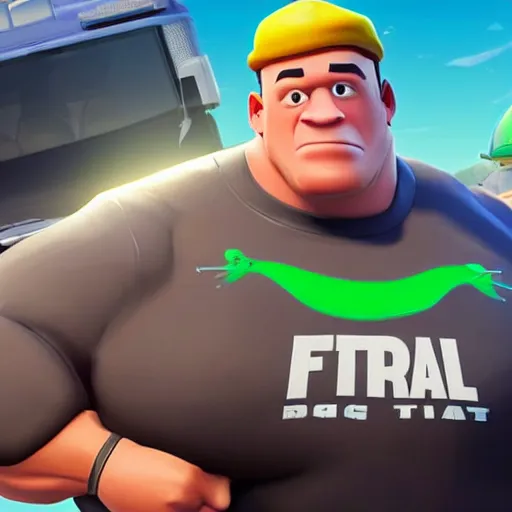 Prompt: fat john cena driving a car with really big tires, super big tires, chonky tires, fortnite screenshot. Chonkers. Chonk.