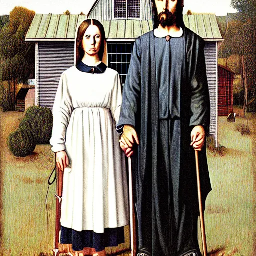 Image similar to satan and jesus in the style of american gothic