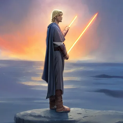 Image similar to a young blonde male jedi with short hair standing still looking at the sunset concept art by Doug Chiang cinematic, realistic painting, high definition, concept art