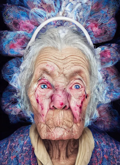 Prompt: an old woman with a weird look on her face, a surrealist painting by Martin Schoeller, shutterstock contest winner, pop surrealism, angelic photograph, stock photo, photoillustration