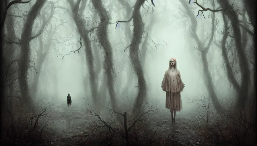 Image similar to a lonely dollpunk walking in a eerie foggy forest, detailed, omnious atmosphere, symmetry body features, award winning, by Tom Bagshaw