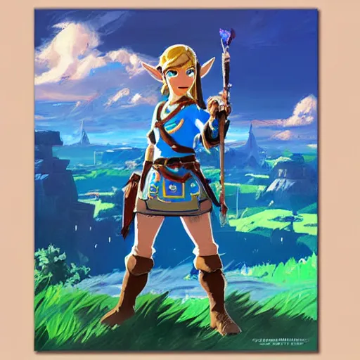 Prompt: oil painting of zelda breath of the wild, mountain in the background. beautiful, rpg, dnd, artgerm, disney, pixar