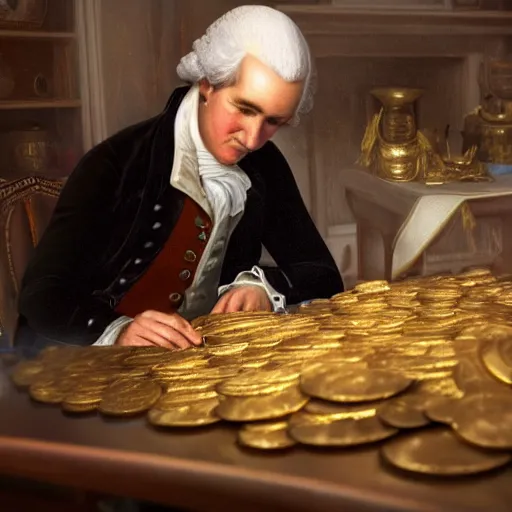 Image similar to a closeup photorealistic photograph of a happy George Washington inspecting small gold Doubloon coins at his home on Cherry Street. This 4K HD image is Trending on Artstation, featured on Behance, well-rendered, extra crisp, features intricate detail and the style of Unreal Engine.