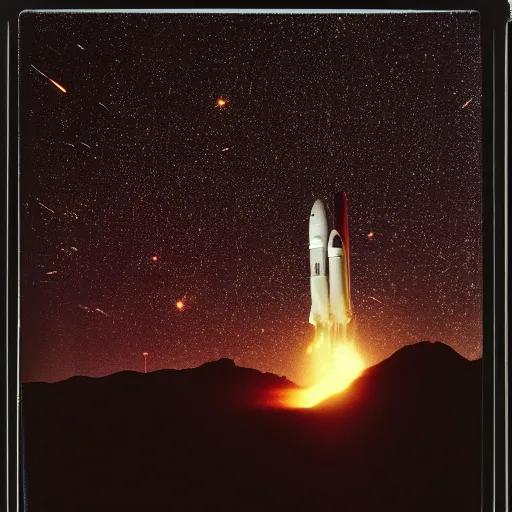 Prompt: photo of a detailed rocket blasting off from mars, black background with glowing stars and satalites, cinematic film still, high contrast, astrophotography, polaroid,