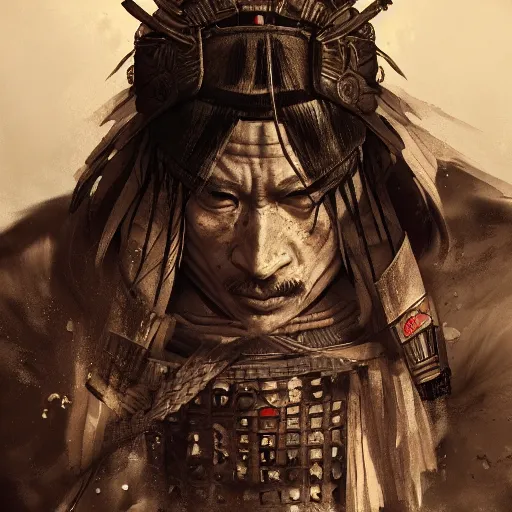 Image similar to Sickly diseased dying Samurai warrior, portrait by Cedric Peyravernay, highly detailed, excellent composition, cinematic concept art, dramatic lighting, trending on ArtStation