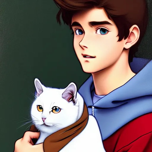 Image similar to teen boy with brown hair and big blue eyes, wearing a hoodie, holding a fluffy white persian cat, natural lighting, path traced, highly detailed, high quality, digital painting, by don bluth and ross tran and studio ghibli and alphonse mucha