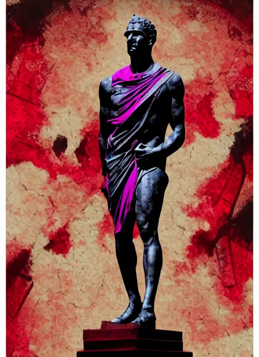 Image similar to black background with subtle red and purple design elements, statue of julius caesar, nekro, modern design, collage art, thin lines, dark, glitch art, neo vaporwave, gritty, layout frame, trending on artstation