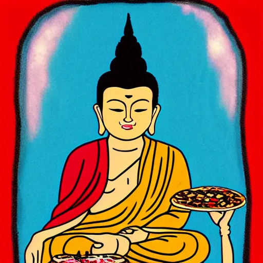 Prompt: the buddha eating a slice of pizza