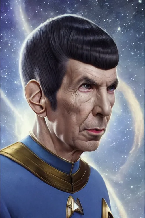 Prompt: photorealistic portrait photograph of spock as a glorious regal space king, sleek outfit, upper body, fantasy, handsome, depth of field, soft focus, highly detailed, intricate, realistic, national geographic cover, soft glow, textured, artstation, concept art, sharp focus, illustration, art by artgerm and greg rutkowski and alphonse mucha