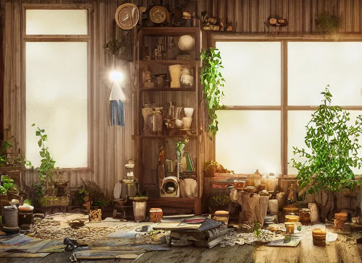 Image similar to interior view of a cluttered herbalist cottage, waxy candles, wood furnishings, herbs hanging, light bloom, dust, ambient occlusion, rays of light coming through windows, oil painting