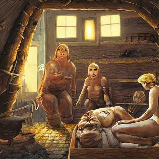 Image similar to primitive extraterrestrial villagers caring for severely injured butch blond woman at bedside, inside primitive hut, cinematic, worm's eye view, dramatic lighting, illustration, ron cobb, mike mignogna, science fiction, detailed painting, high detail, rough paper