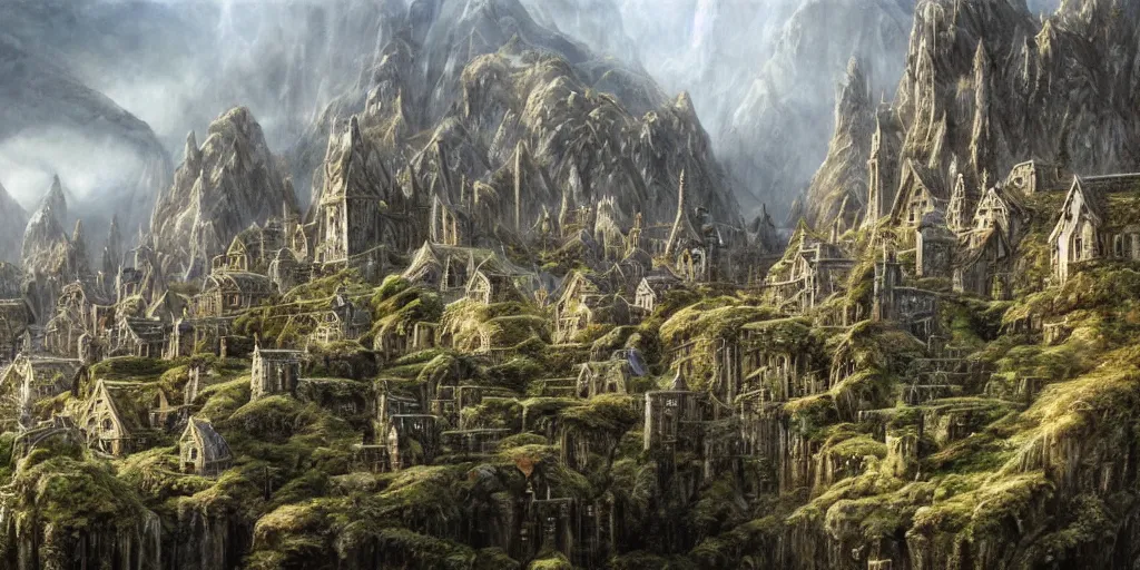 Prompt: an elven city built into the side of a mountain, pristine, by alan lee, lord of the rings, smooth, detailed terrain, oil painting, matte painting, concept art, trending on artstation