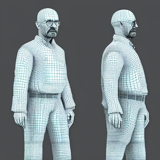 Image similar to 3 d modelling reference of walter white video game character. free download for artists. front and side view blueprint.