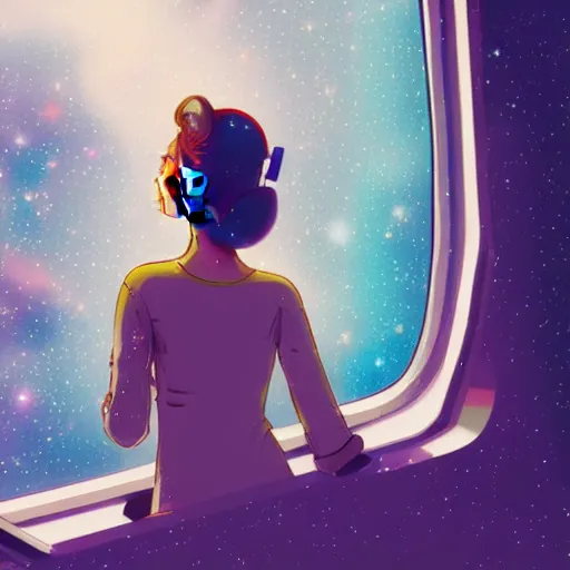 Prompt: lofi girl staring out the window of her spaceship listening to music on a sony walkman, camera facing the window, galaxies and stars are in the background of the window, spaceship is all rusted on the inside, 4 k, fantasy, space, lofi, music, alone, galaxies, stars