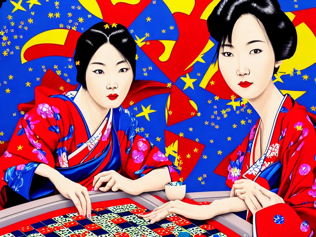 Image similar to hyperrealism composition of the detailed woman in a japanese kimono sitting at a poker table with superman, fireworks on the background, pop - art style, jacky tsai style, acrylic on canvas