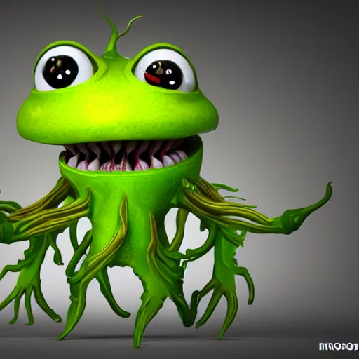 Prompt: cute alien carniverous plant creature with many eyes, big teeth, many arms, many leafy legs with radial symmetry detailed character concept 3 d pixar style render 4 k