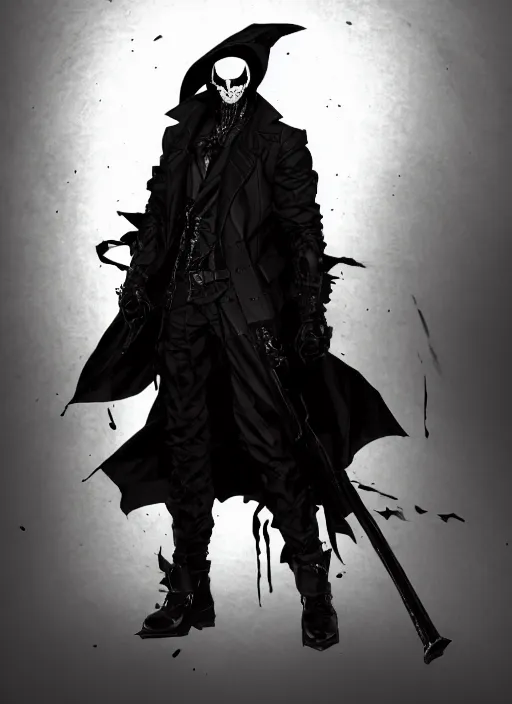 Image similar to evil deity, a man in black mask and black rugged long trench coat. in style of yoji shinkawa and hyung - tae kim, trending on artstation, dark fantasy, great composition, concept art, highly detailed, dynamic pose.