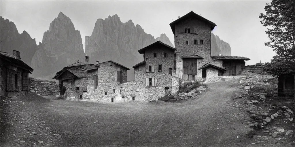 Image similar to 1920s photography of an isolated old village with ghostly wood buildings in the dolomites