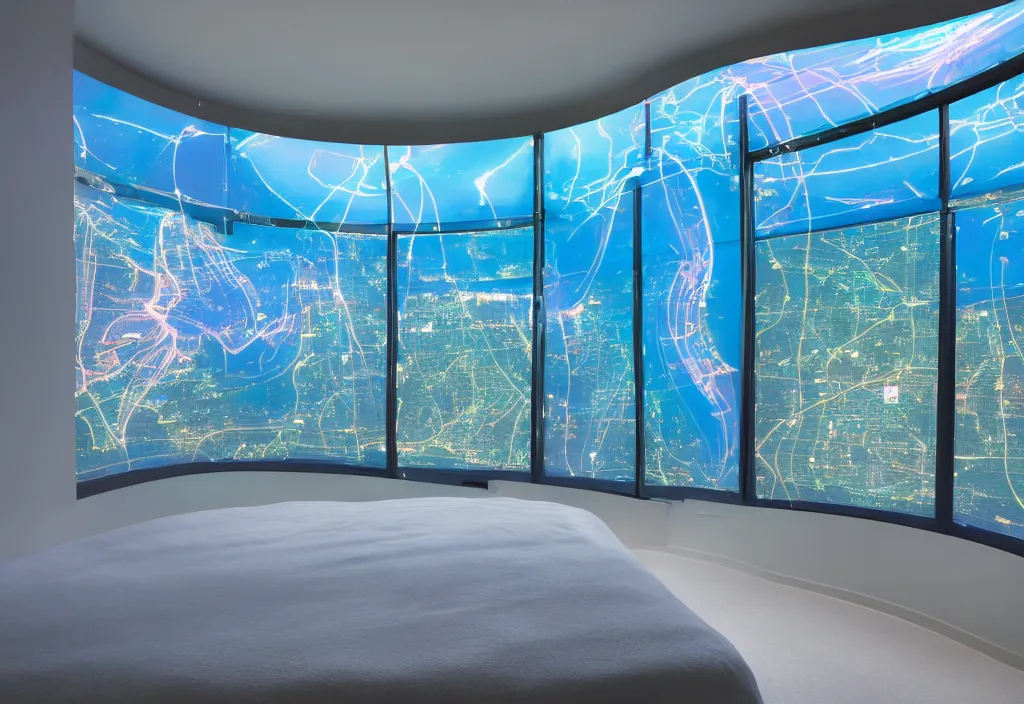 Image similar to curved translucent windows projecting florida holographic weathermap, thin glowing lights, bedroom, visor, users, pair of keycards on table