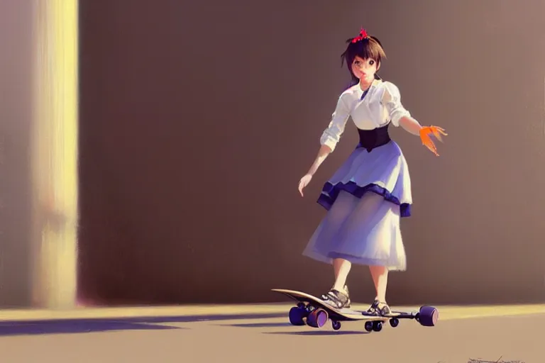 Prompt: A ultradetailed beautiful panting of a stylish woman in a maid outfit skateboarding, Oil painting, by Ilya Kuvshinov, Greg Rutkowski and Makoto Shinkai