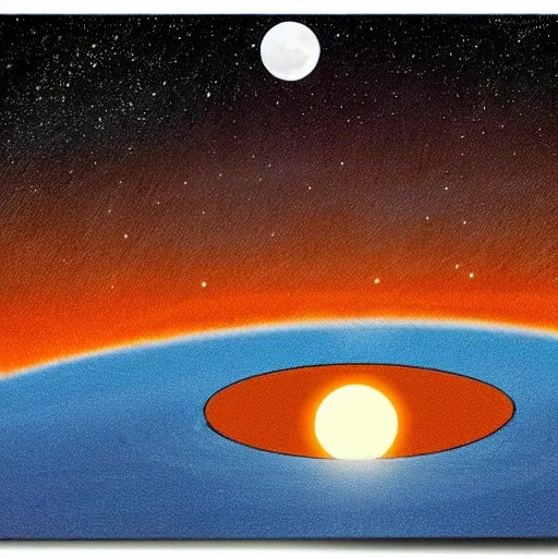 Image similar to orange and blue alien planet landscape with a solar eclipse in the sky, comic book picture