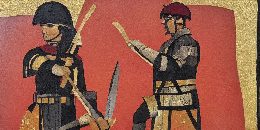 Prompt: textured art deco painting of roman soldier with spear, geometric, gold and deep dark red background with lightning bolt