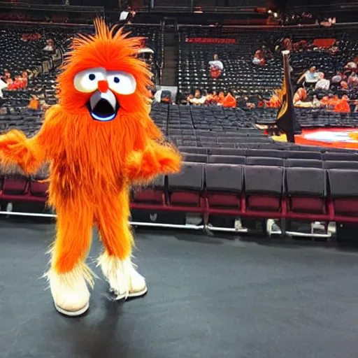 Image similar to the mascot gritty giving a speech at the Wells Fargo center, realistic