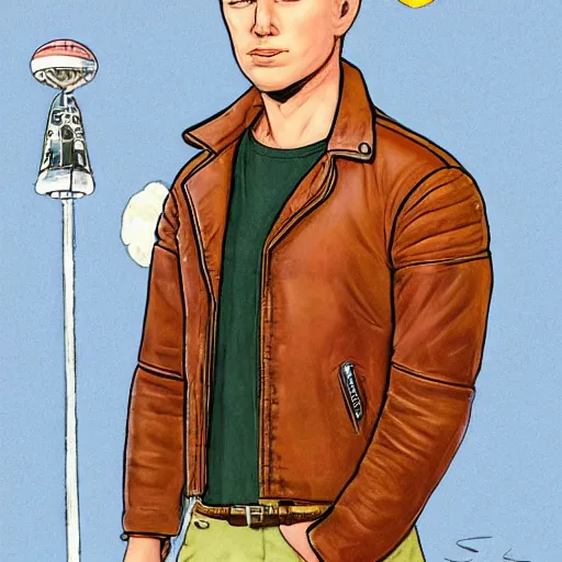 Image similar to handsome butch princely heroic square - jawed emotionless serious blonde woman aviator, with very short butch slicked - back hair, wearing brown leather jacket, standing in front of small spacecraft, illustration, science fiction, highly detailed, ron cobb, mike mignogna