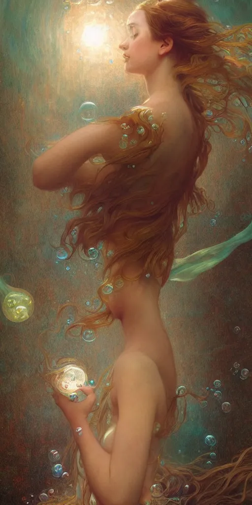 Prompt: hyper realist matte digital painting of a young beautiful woman, floating in water, bubbles rising, fantasy art, photo realistic, dynamic lighting, artstation, volumetric lighting, by mucha, by charlie bowater, by karol bak, by alma tadema