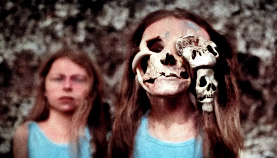 Image similar to 7 0 s film still from a horror movie about kids with skulls for heads, kodachrome, cinecolor, cinestill, film grain, film texture, retro, cinematic, high resolution, photorealism,