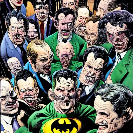 Image similar to drawing of 1 4 tiny jokers crawling out the mouth of gotham city's finest investigative reporter, 4 k art by brian bolland, graphic novel art