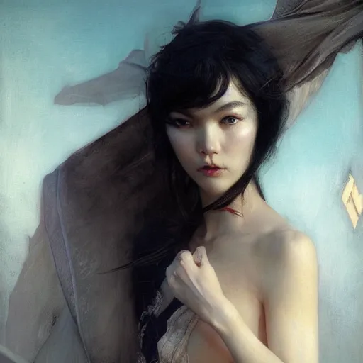 Image similar to detailed cinematic wide shot of beautiful attractive tao okamoto asian vampire woman slim face symettrical face clean skin black eyes black robe smooth, sharp focus, ultra realistic, spring light, painting by gaston bussiere, craig mullins, j. c. leyendecker