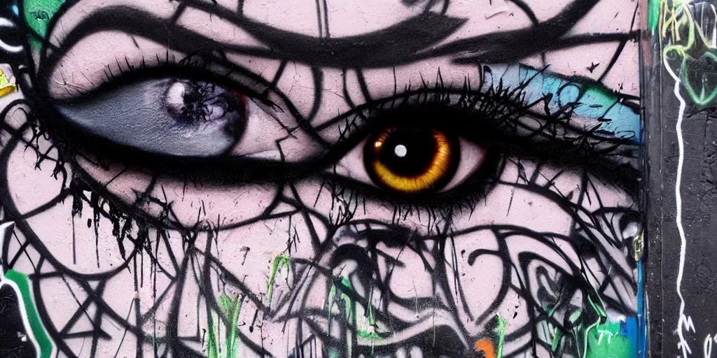 Prompt: aesthetic eyes, heavy goth makeup, large spray graffiti on a wall by famous london graffiti artist