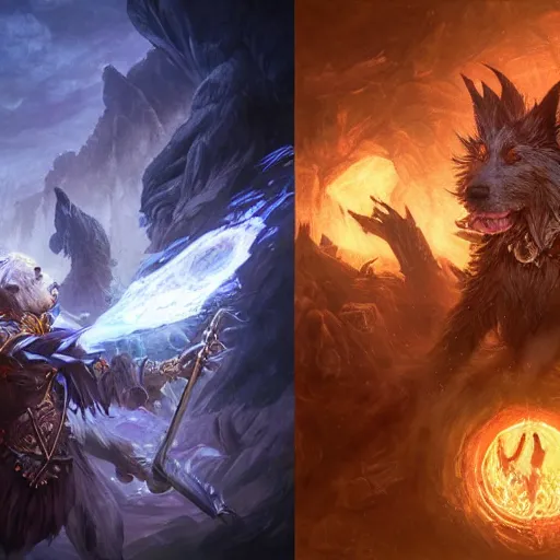 Image similar to Dog Anthropomorphized, casting epic spell, magic the gathering artwork, D&D, fantasy, cinematic lighting, centered, symmetrical, highly detailed, digital painting, artstation, concept art, smooth, sharp focus, illustration, volumetric lighting, epic Composition, 8k, art by Akihiko Yoshida and Greg Rutkowski and Craig Mullins and Daniel Dociu, heroic pose, oil painting, cgsociety, magic lab background