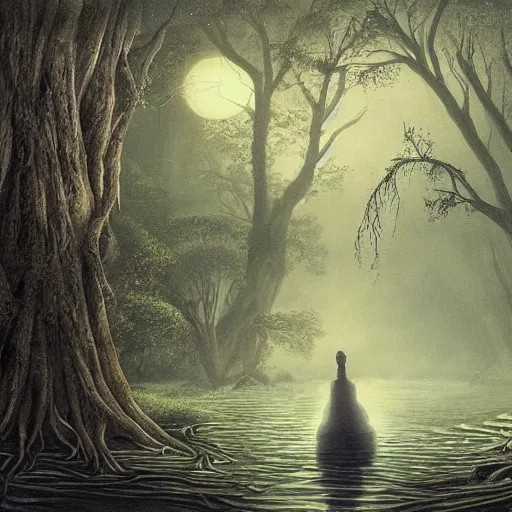 Prompt: an ultra detailed painting of a fantasy forest at night, at the side of a pond is gigantic ancient tree with a water sprite in a white dress sitting on the lowest bough of the ancient tree, the moon can be glimpsed through the trees and is veiled by fog, fog obscures the background, towering forest, midnight, dark fantasy