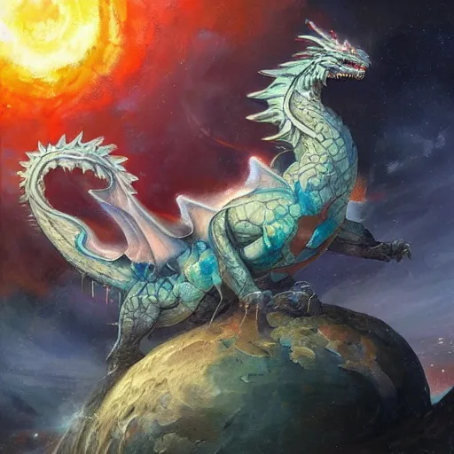 Prompt: prompt crystalline blue dragon eating a planet, space, planets, moons, sun system, nebula, oil painting, by Fernanda Suarez and and Edgar Maxence and greg rutkowski