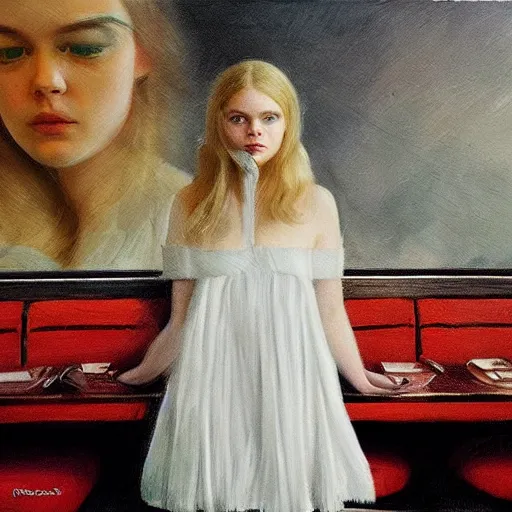 Prompt: Elle Fanning at a diner, head and shoulders portrait, stormy weather, extremely detailed masterpiece, Roger Deakin’s cinematography, oil on canvas, Johannes Vormeer,