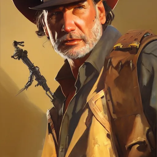 Prompt: greg manchess portrait painting of partially armored indiana jones as overwatch character, medium shot, asymmetrical, profile picture, organic painting, sunny day, matte painting, bold shapes, hard edges, street art, trending on artstation, by huang guangjian, gil elvgren, ruan jia, randy vargas, greg rutkowski