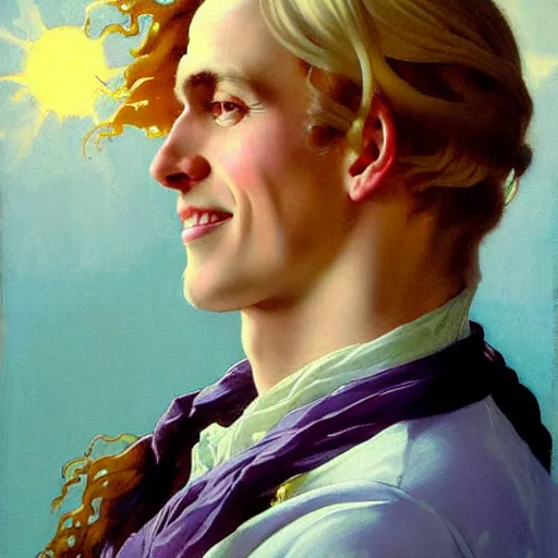 Prompt: beautiful portrait painting of the sun god Edward Elric with long curly blond hair, voluptuous young man wearing a wispy lilac silk dress smiling sleepily at the viewer, symmetrically parted curtain bangs, in love by J.C Leyendecker and Norman Rockwell