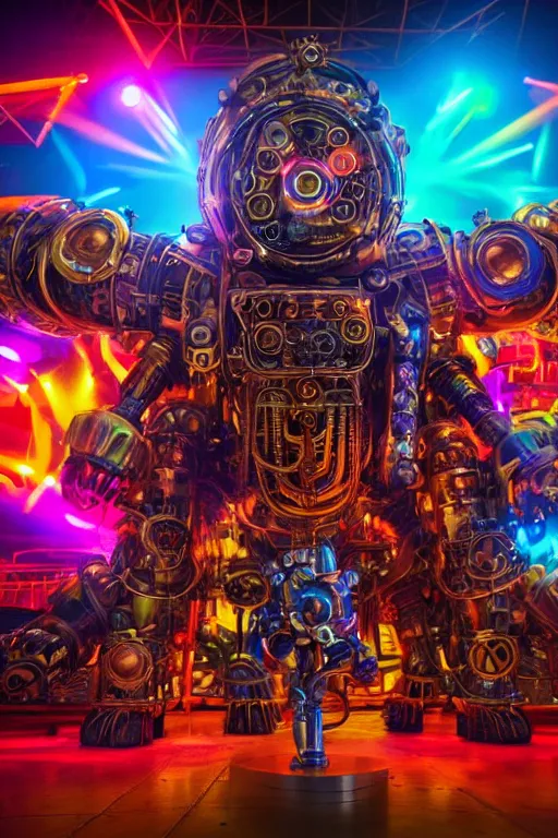 Prompt: portrait photo of a giant huge golden and blue metal futuristic steampunk robot covered with multicolored big guitars and gears and tubes, eyes are glowing red lightbulbs, shiny crisp finish, 3 d render, 8 k, insaneley detailed, fluorescent colors, background is multicolored lasershow