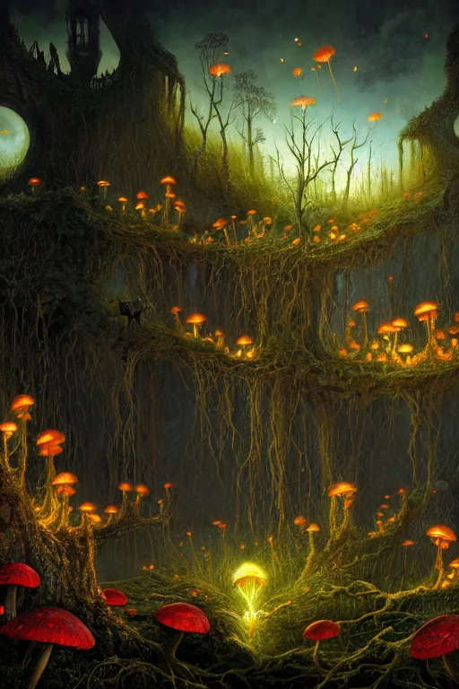 Prompt: a beautiful digital illustration painting of a detailed gothic fantasy fireflies and roots, dark mushroom, flowers ruins beautiful dragon by benoit b. mandelbrot, steven belledin, martin johnson heade, lee madgwick, caspar david friedrich, and david rios ferreira. 8 k resolution trending on artstation concept art digital illustration