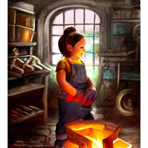 Image similar to the blacksmits’ daughter, working in the forge, a smile at her face, fantasy art in the style of Lilia Alvarado,