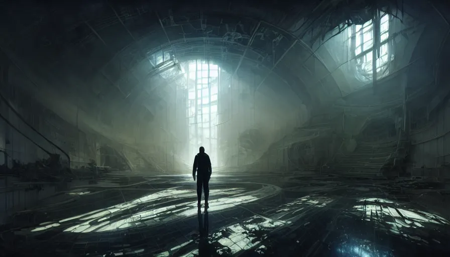 Image similar to high tech nomands exploring abandoned laboratory from the future, scifi, dark scifi, space horror, light, shadows, reflections, steam, epic composition, intricate, elegant, volumetric lighting, digital painting, highly detailed, artstation, sharp focus, illustration, concept art, ruan jia, steve mccurry