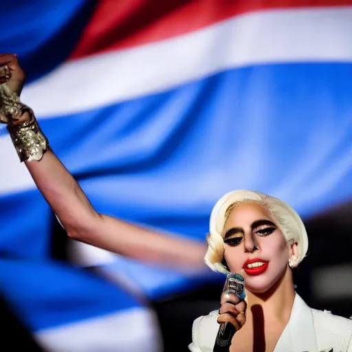 Image similar to Lady Gaga as president, Argentina presidential rally, Argentine flags behind, bokeh, giving a speech, detailed face, Argentina