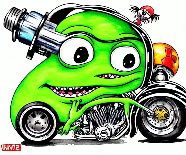 Image similar to cute and funny, pepe smiling wearing a helmet riding in a tiny hot rod harley with oversized engine, ratfink style by ed roth, centered award winning watercolor pen illustration, isometric illustration by chihiro iwasaki, edited by range murata, details by artgerm