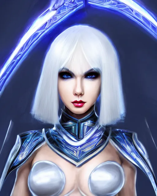 Prompt: perfect white haired attractive egyptian goddess, warframe armor, beautiful, symmetric, dreamy, half asian, pretty face, blue eyes, taylor swift, detailed, scifi platform, laboratory, experiment, 4 k, ultra realistic, epic lighting, android body, illuminated, cinematic, masterpiece, art by akihito tsukushi, voidstar